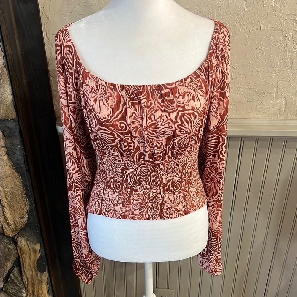O'Neill Red Fitted Smocked Long Sleeve Blouse